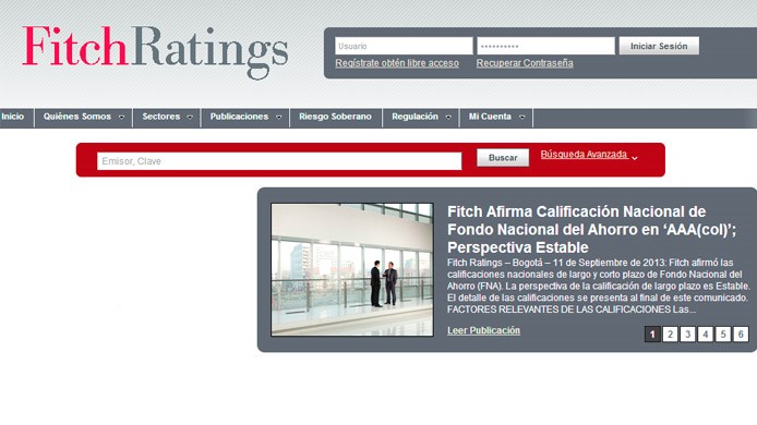 La página web de Fitch Ratings Colombia destaca la calificación otorgada al FNA 