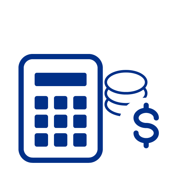 Icono de calculadora con unas monedas y un simbolo de dolar