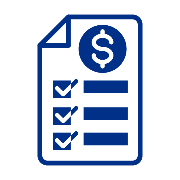 Icono de un documento con un simbolo de dolar y tres check