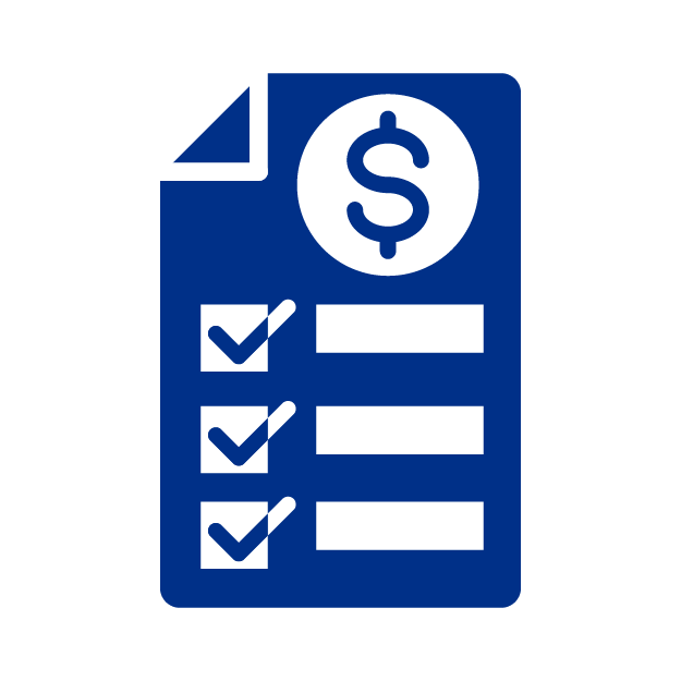 Icono de un documento con un simbolo de dolar y tres check