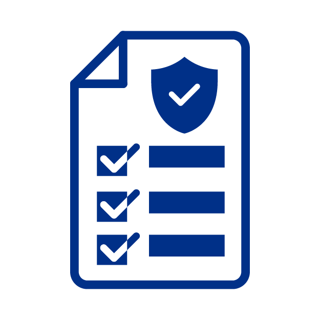 Icono de un documento con líneas de texto y un escudo con un simbolo de check y tres simbolos de check