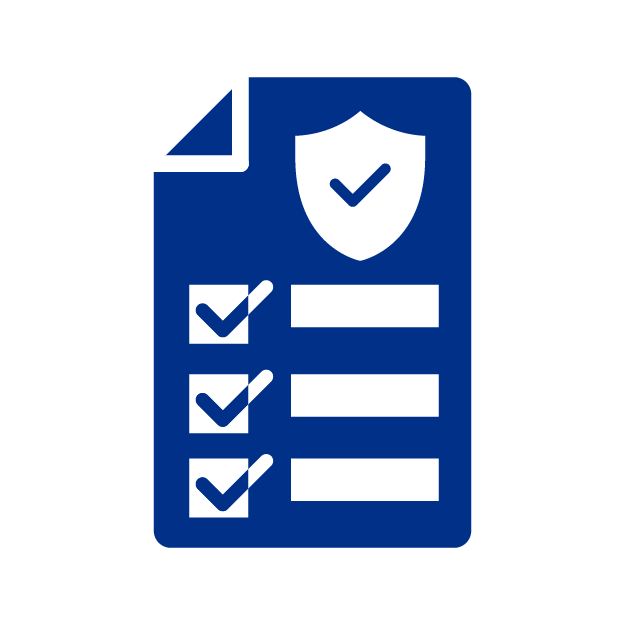 Icono de un documento con líneas de texto y un escudo con un simbolo de check y tres simbolos de check