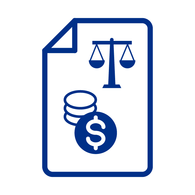 Icono de documento con balanza monedas y sello con el signo de dolar