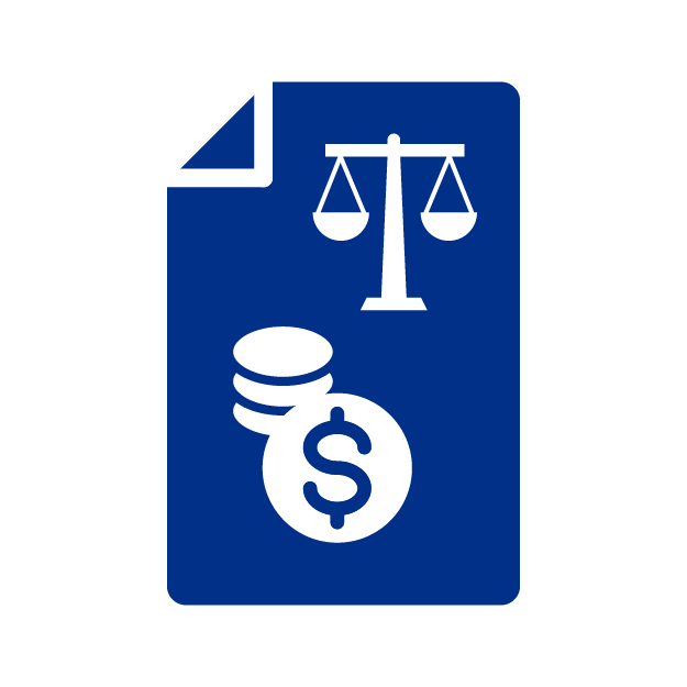 Icono de documento con balanza monedas y sello con el signo de dolar