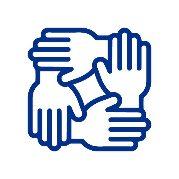 Icono de cuatro manos azules entrelazadas representando trabajo en equipo 