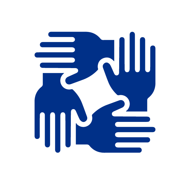 Icono de cuatro manos azules entrelazadas representando trabajo en equipo