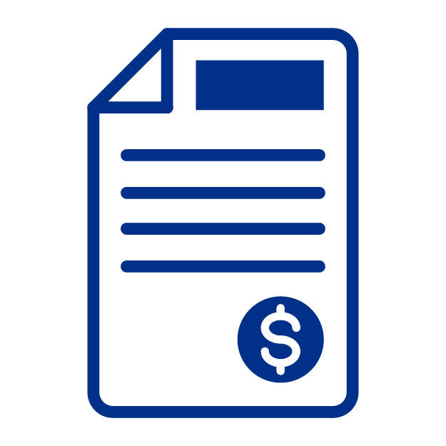 Icono de un documento con líneas de texto y un símbolo de dólar