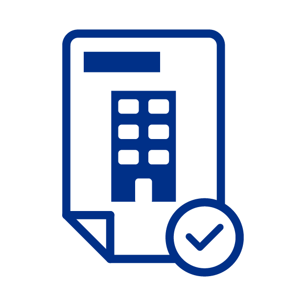 Icono de un documento con un edificio y un sello de check