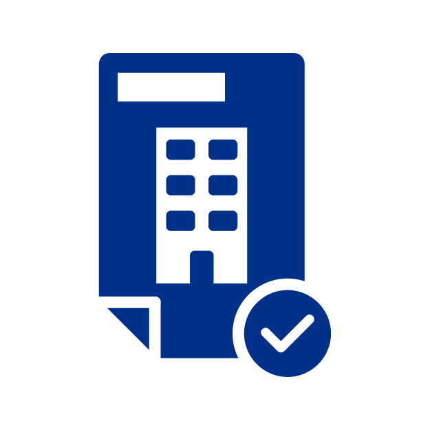 Icono de un documento con un edificio y un sello de check
