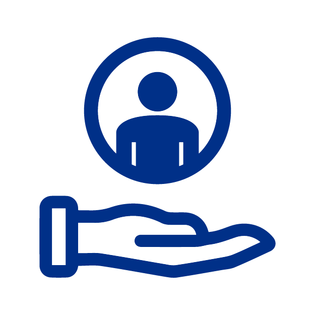 Icono de una mano azul abierta que sostiene un círculo azul con la silueta de una persona