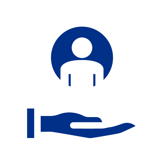 Icono de una mano azul abierta que sostiene un círculo azul con la silueta de una persona